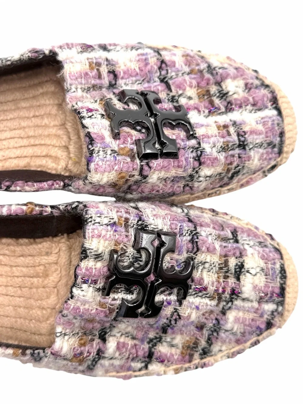 Tory Burch Everly Tweed Espadrille Slip-On Flats Double T Logo Size 8